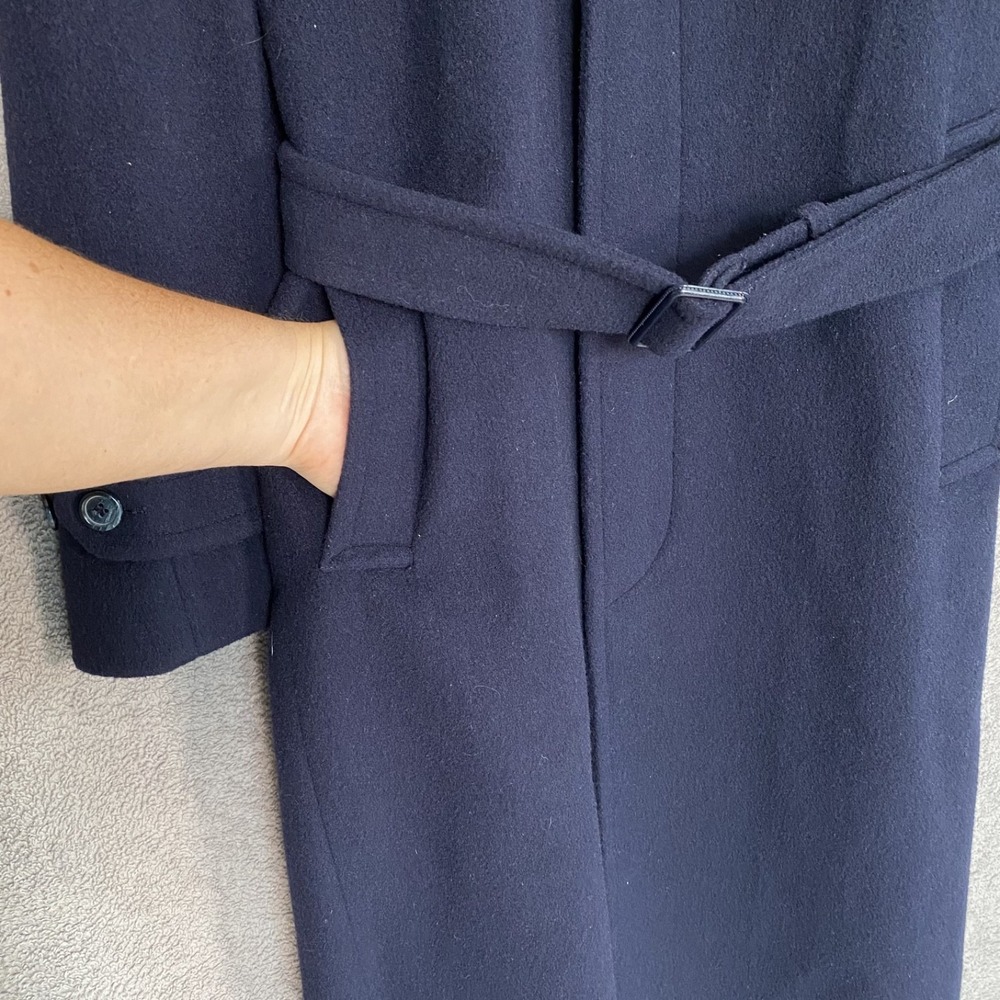 Vintage Nelson Stuart Mens Wool Belted Overcoat 38R Navy Blue Long Coat Trench - Picture 6 of 14